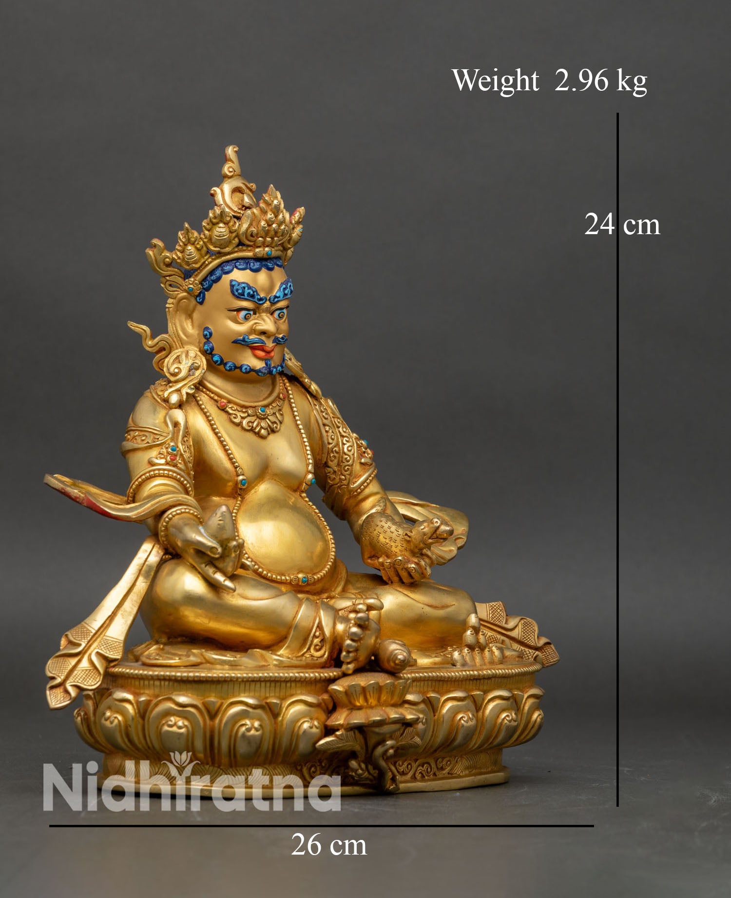 Right side view of Dzambhala statue on lotus seat, showcasing craftsmanship and symbols