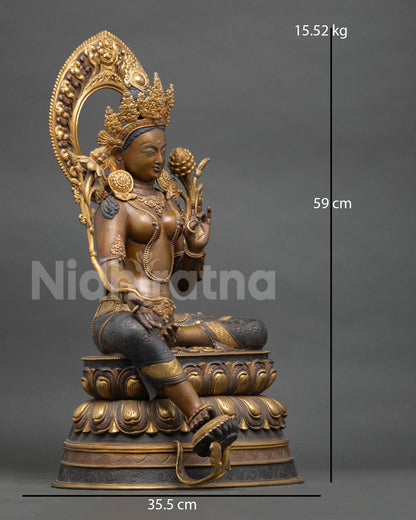 Right side view Green Tara statue, extended leg, lotus throne, copper gilding