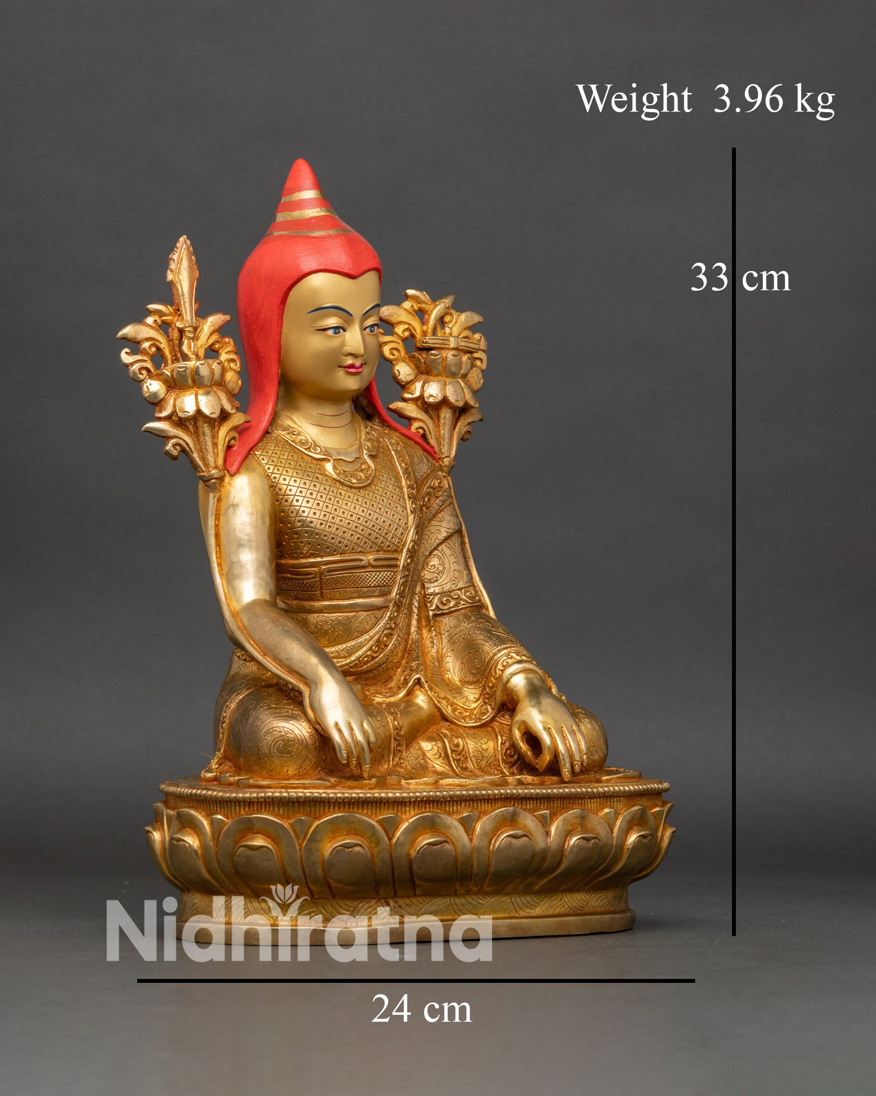 Right side view of Longchenpa statue on lotus seat, copper and gold craftsmanship