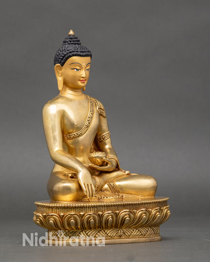 Right-side view of Shakyamuni Buddha statue on lotus pedestal, authentic Nepalese art