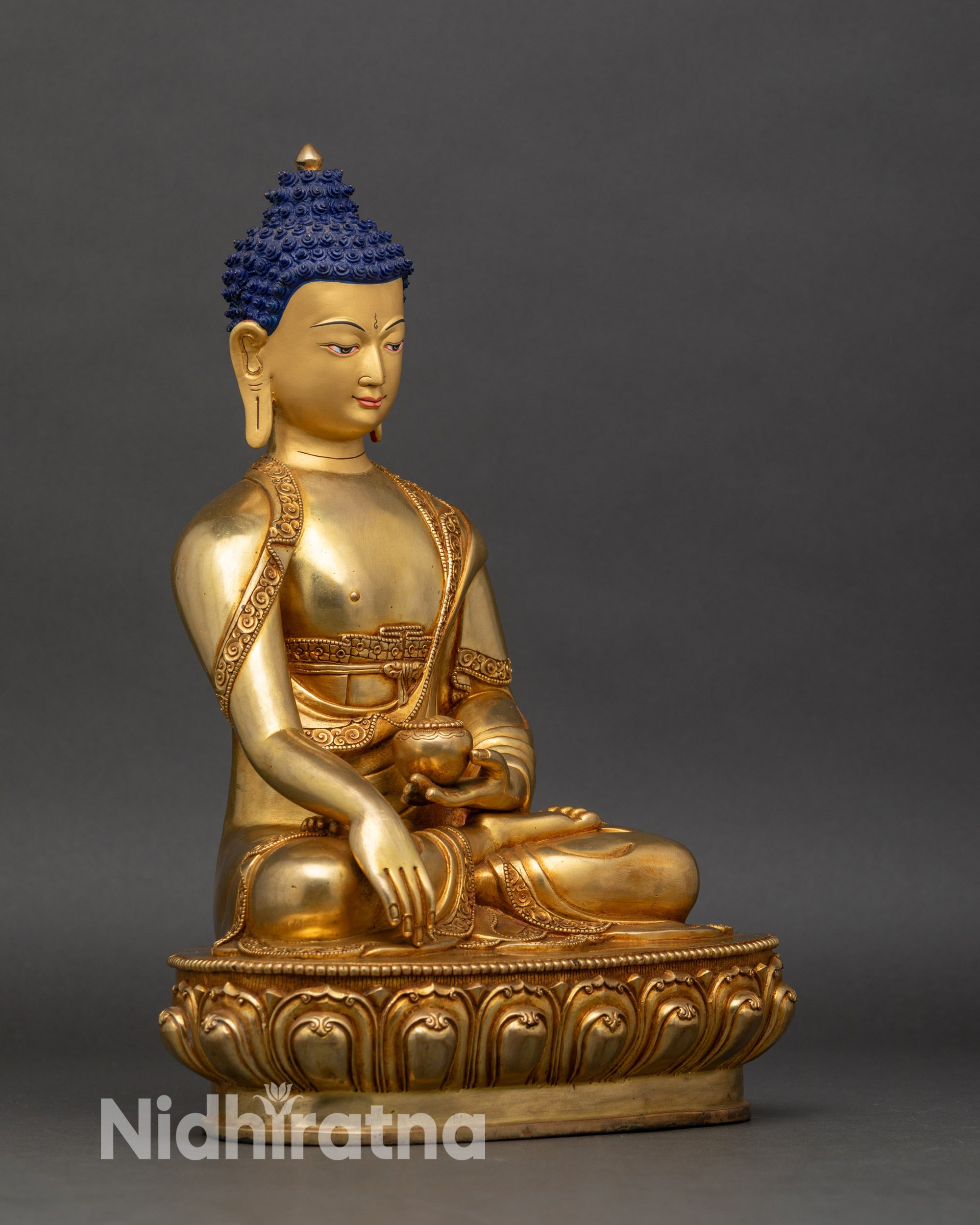 Right side view of Shakyamuni Buddha statue on lotus pedestal, handcrafted in Nepal