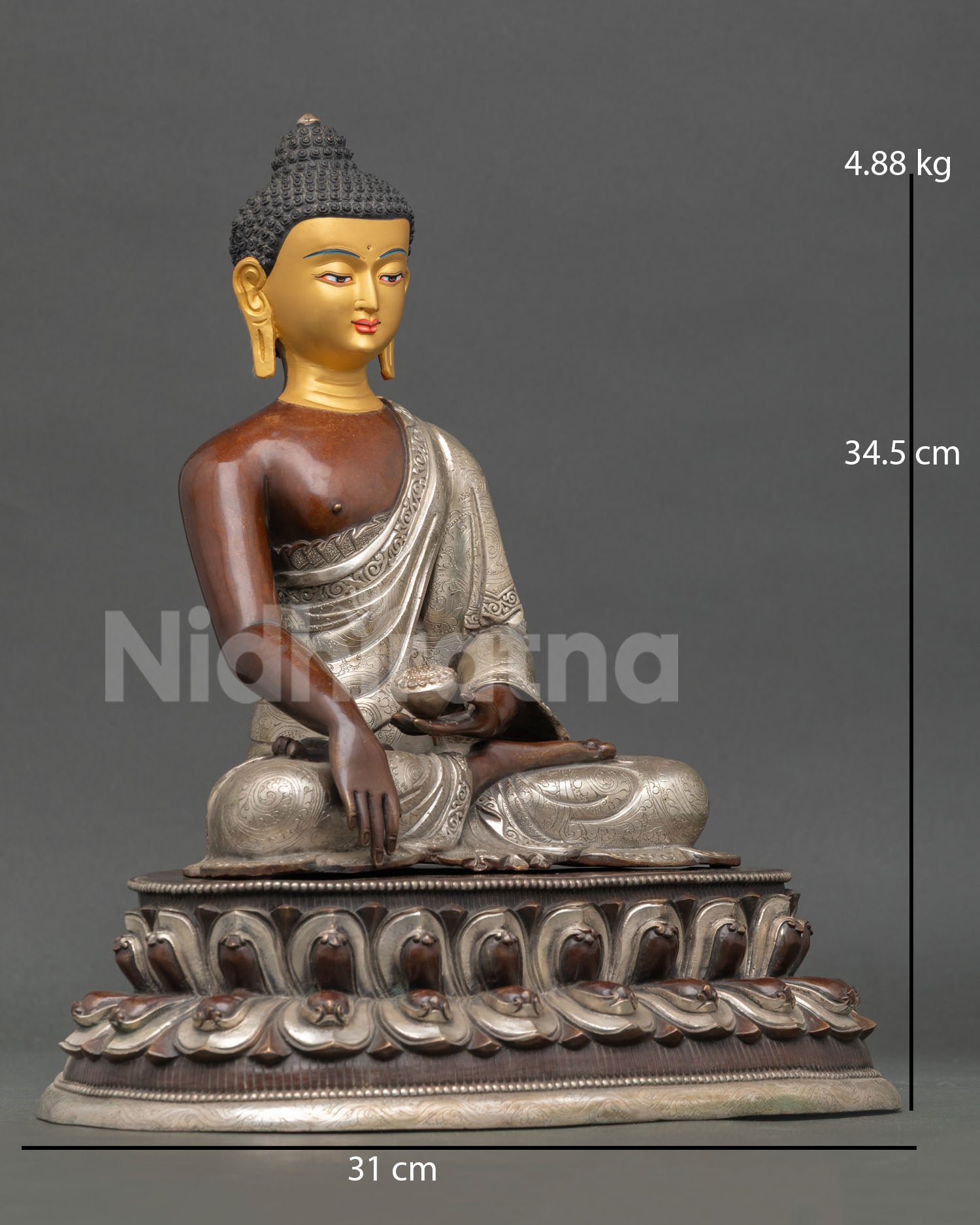 Right side view of Shakyamuni Buddha statue seated in Bhumisparsha Mudra with engraved lotus pedestal