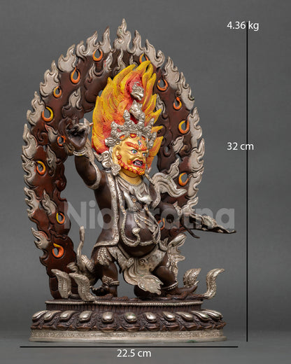 Right side view of Trakpo Sumtril statue, full body Himalayan Buddhist copper sculpture with detailed ornaments