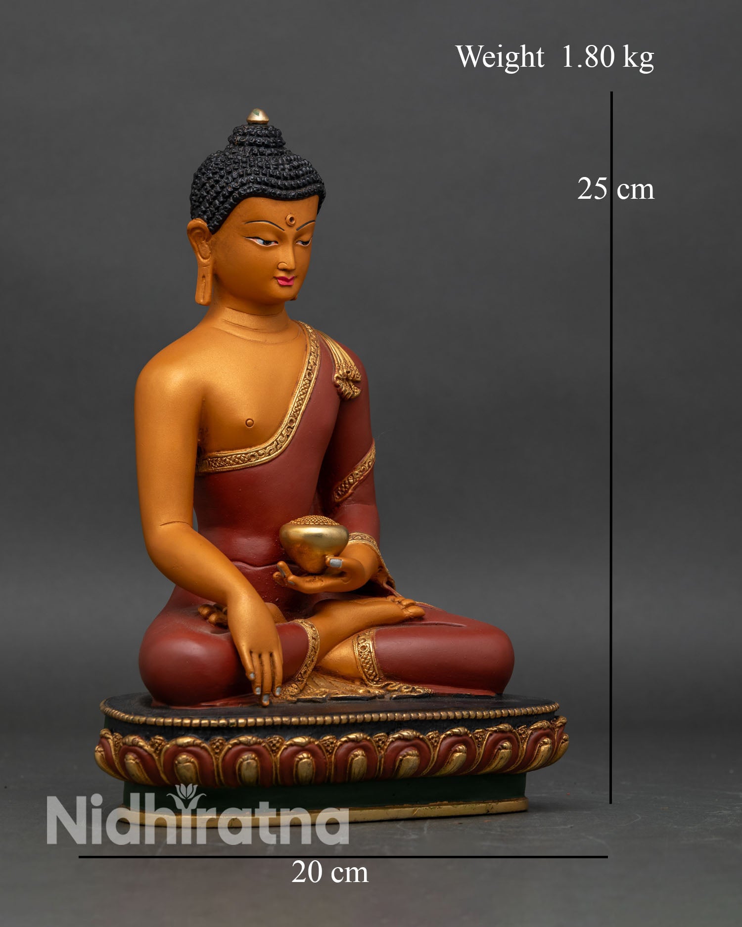 Right side view of Shakyamuni Buddha statue, seated in meditation on lotus pedestal