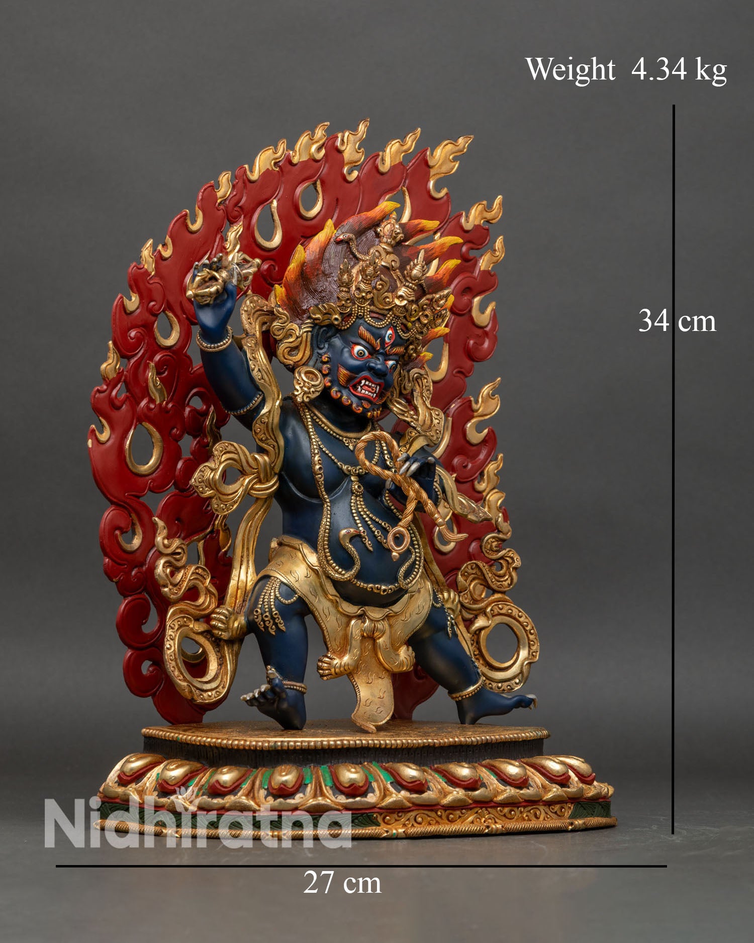 Right-side view of Vajrapani statue, copper and gold hand-painted Tibetan protector
