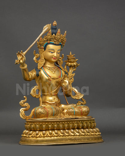 Right-side view of Bodhisattva Manjushri holding utpala stem and double-edged sword