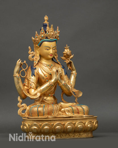 Right-side view of Chenrezig statue on lotus throne with gold fire-gilded finish
