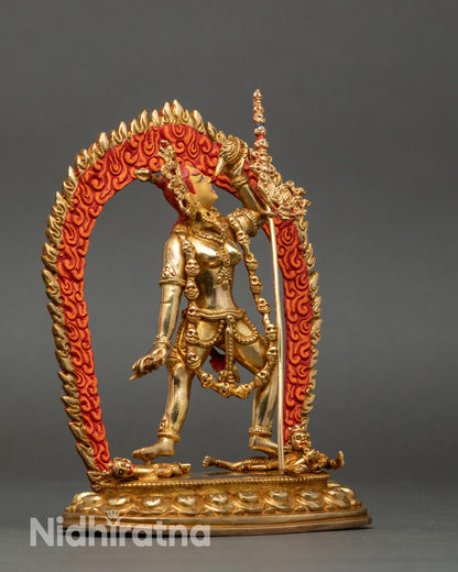Right-side view of Dorje Naljorma statue on lotus seat with khatvanga trident