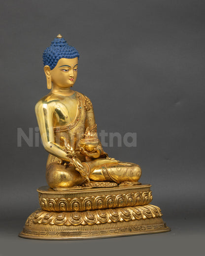 Right-side view of Himalayan Medicine Buddha seated in Lotus Pose with double-layered lotus