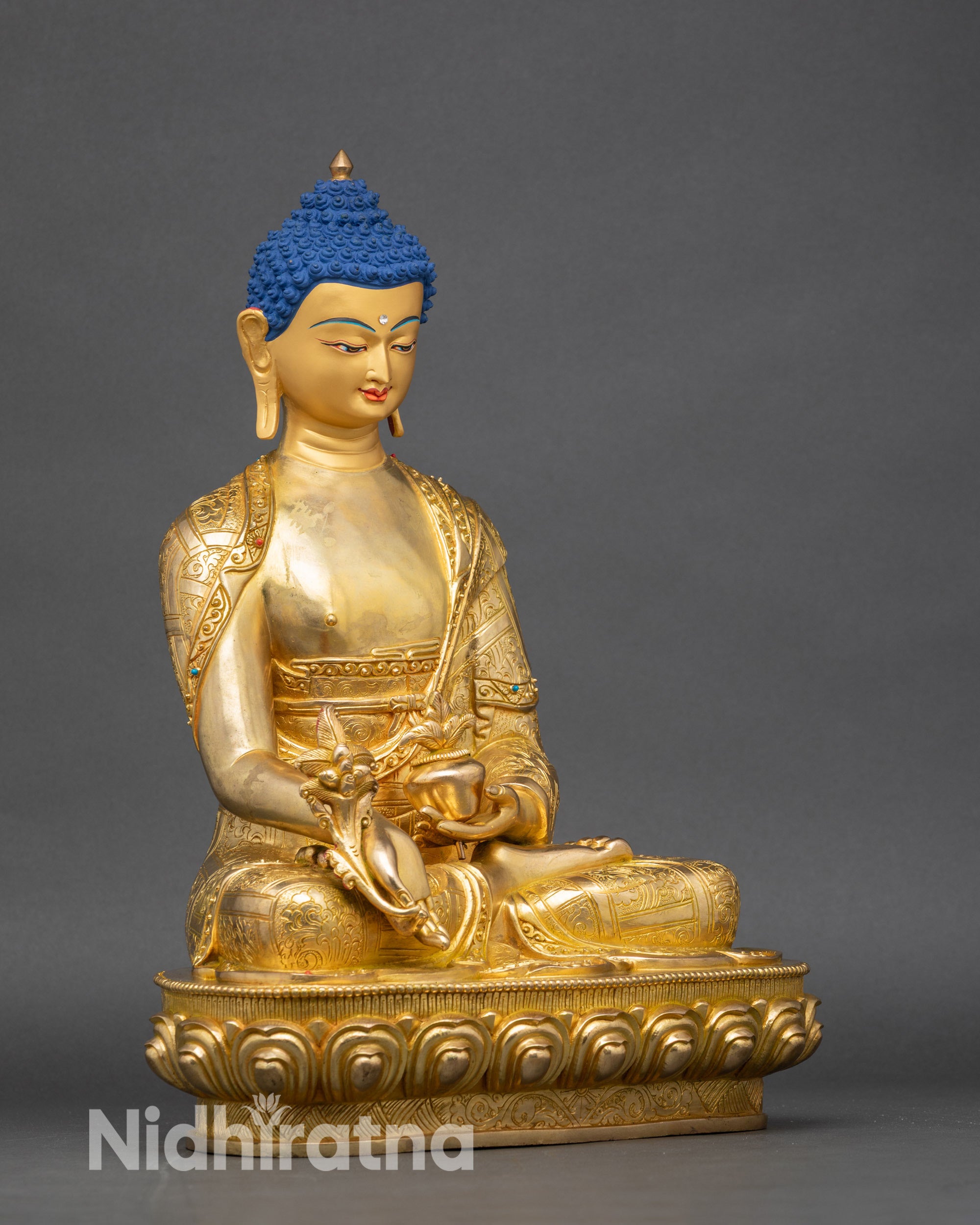 Right-side view of Medicine Buddha statue, traditional Nepalese meditation decor