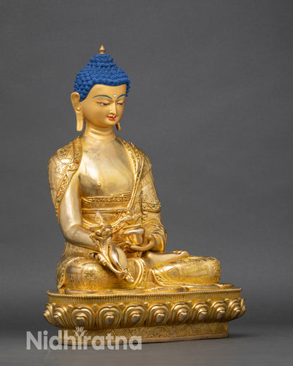 Right-side view of Medicine Buddha statue, traditional Nepalese meditation decor
