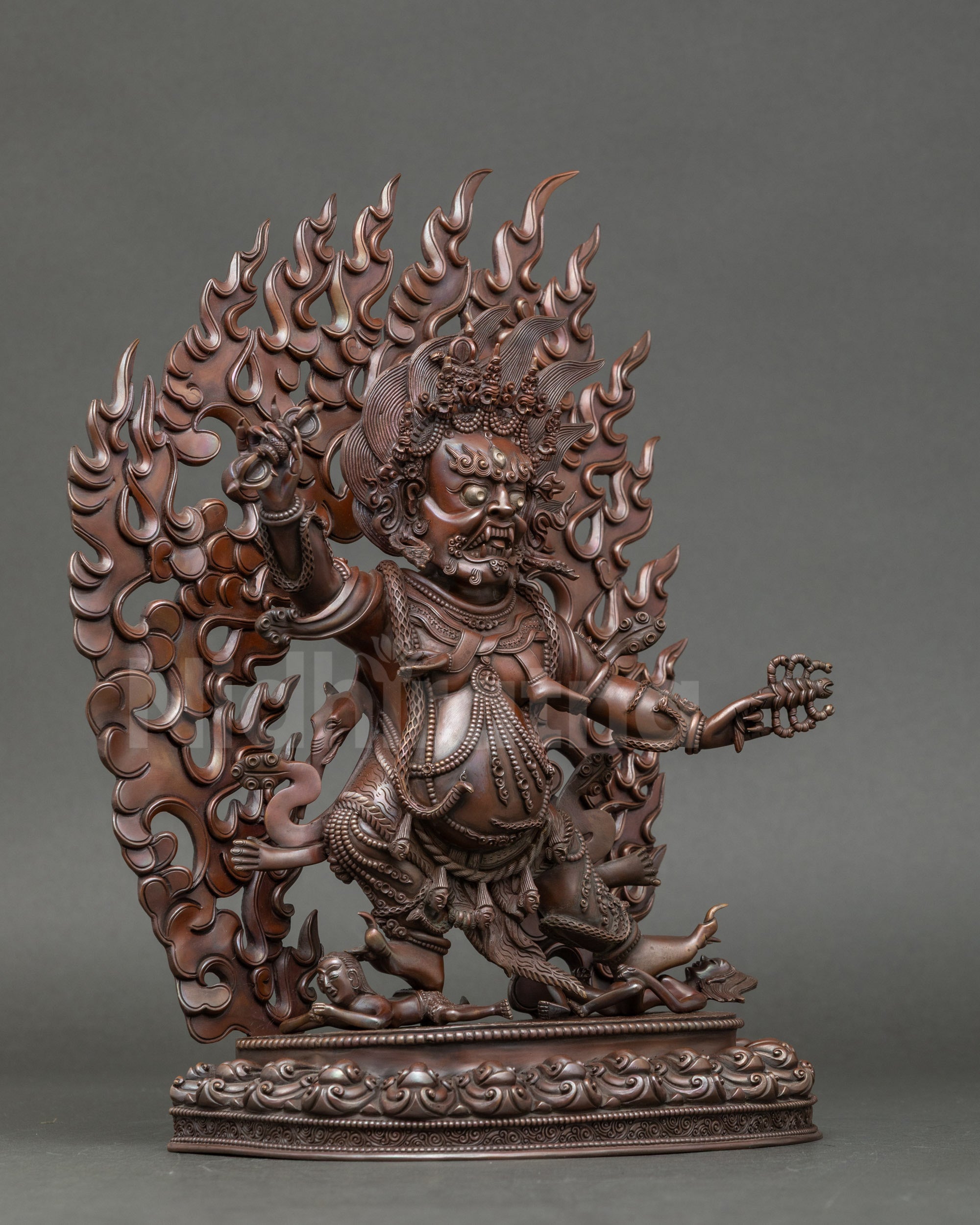 Right-side view of Oxidized Copper Guru Dragpo Statue with halo and black scorpion