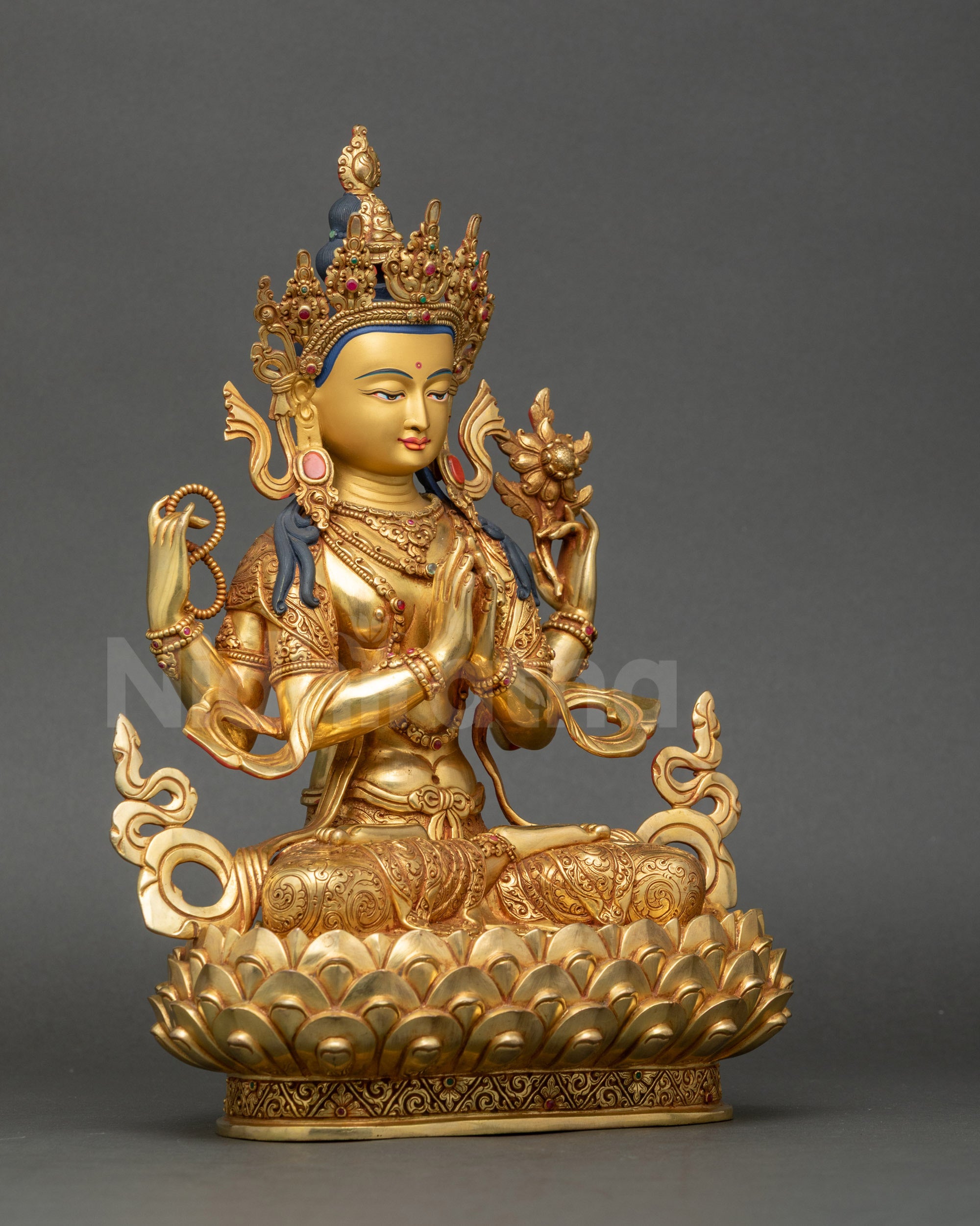 Right-side view of Shakyamuni Buddha Statue seated on lotus base