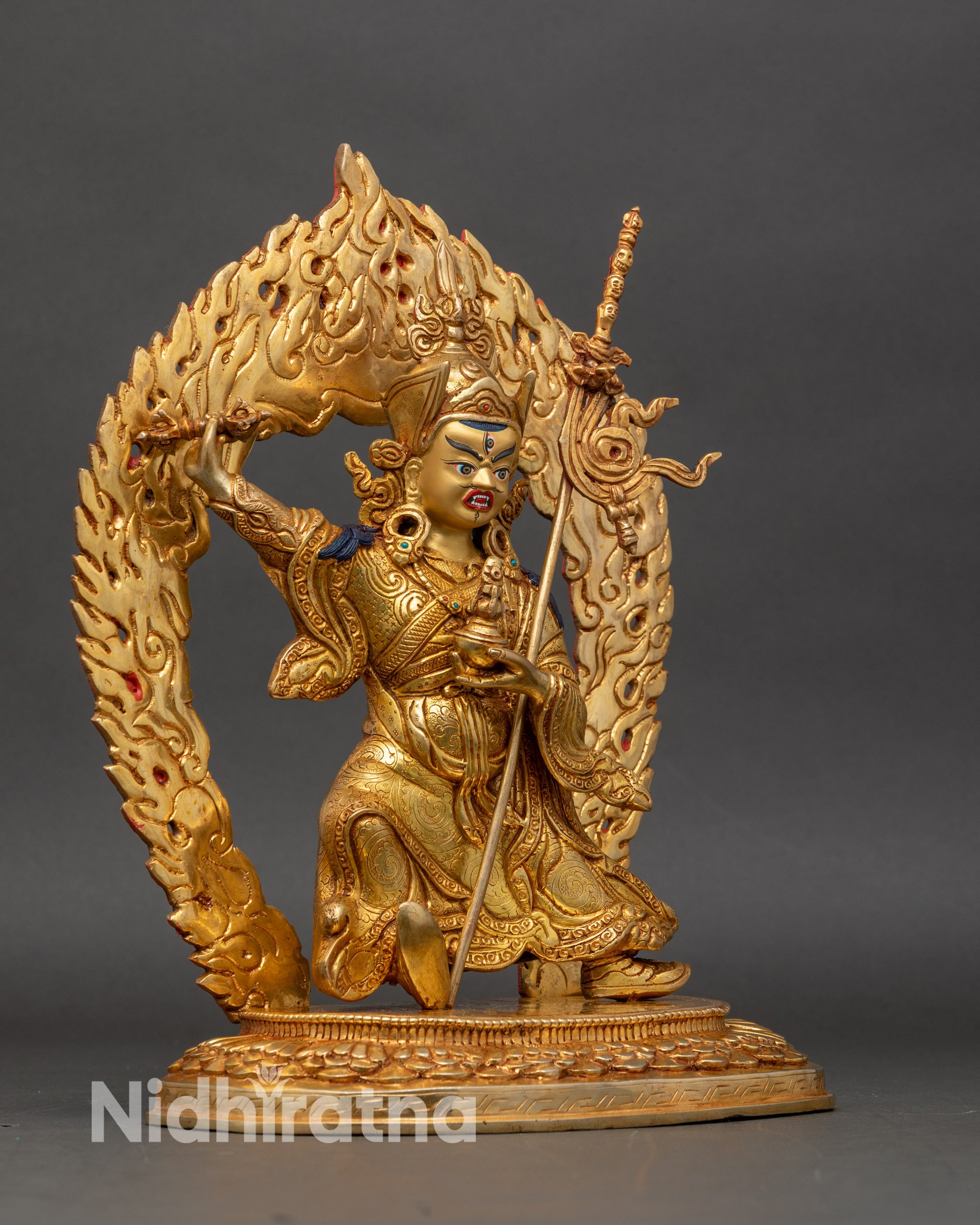 Right-side view of Standing Guru Rinpoche statue – Sacred Padmasambhava sculpture with multi-layer gold fire-gilding.