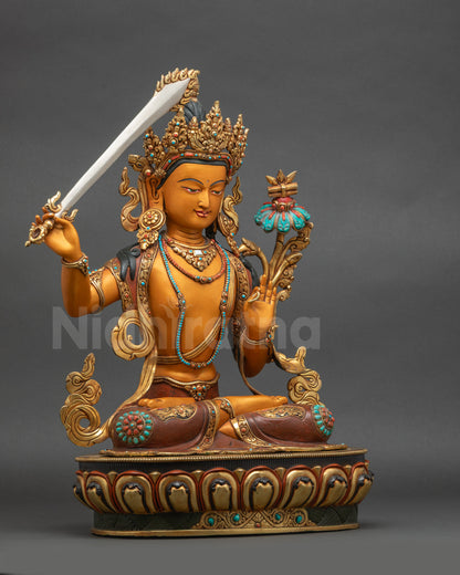 Right-side view of handpainted Manjushri Buddhist statue seated on gold lotus seat