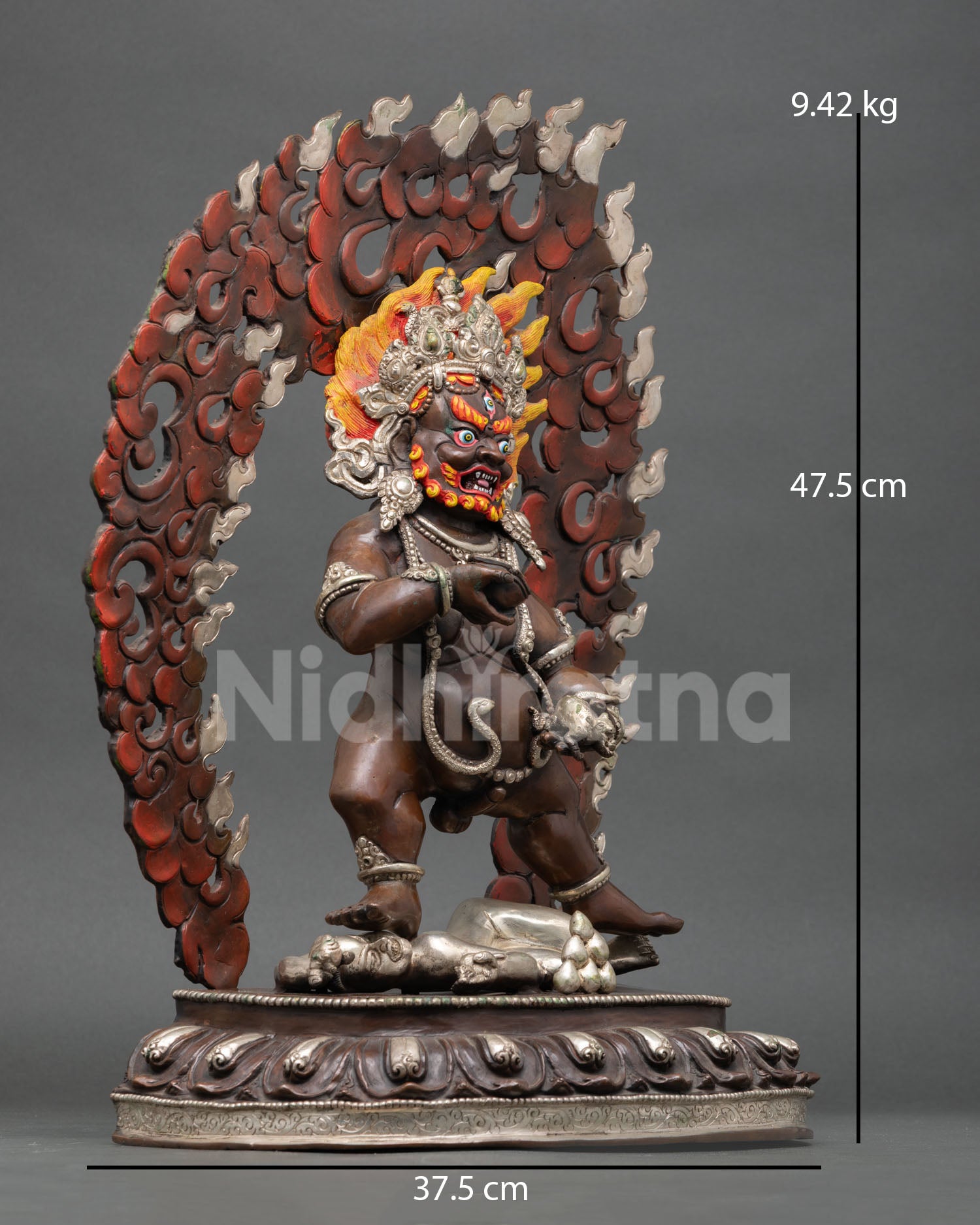 Right view Black Dzambhala statue mongoose skull cup stamping figures copper Himalayan art