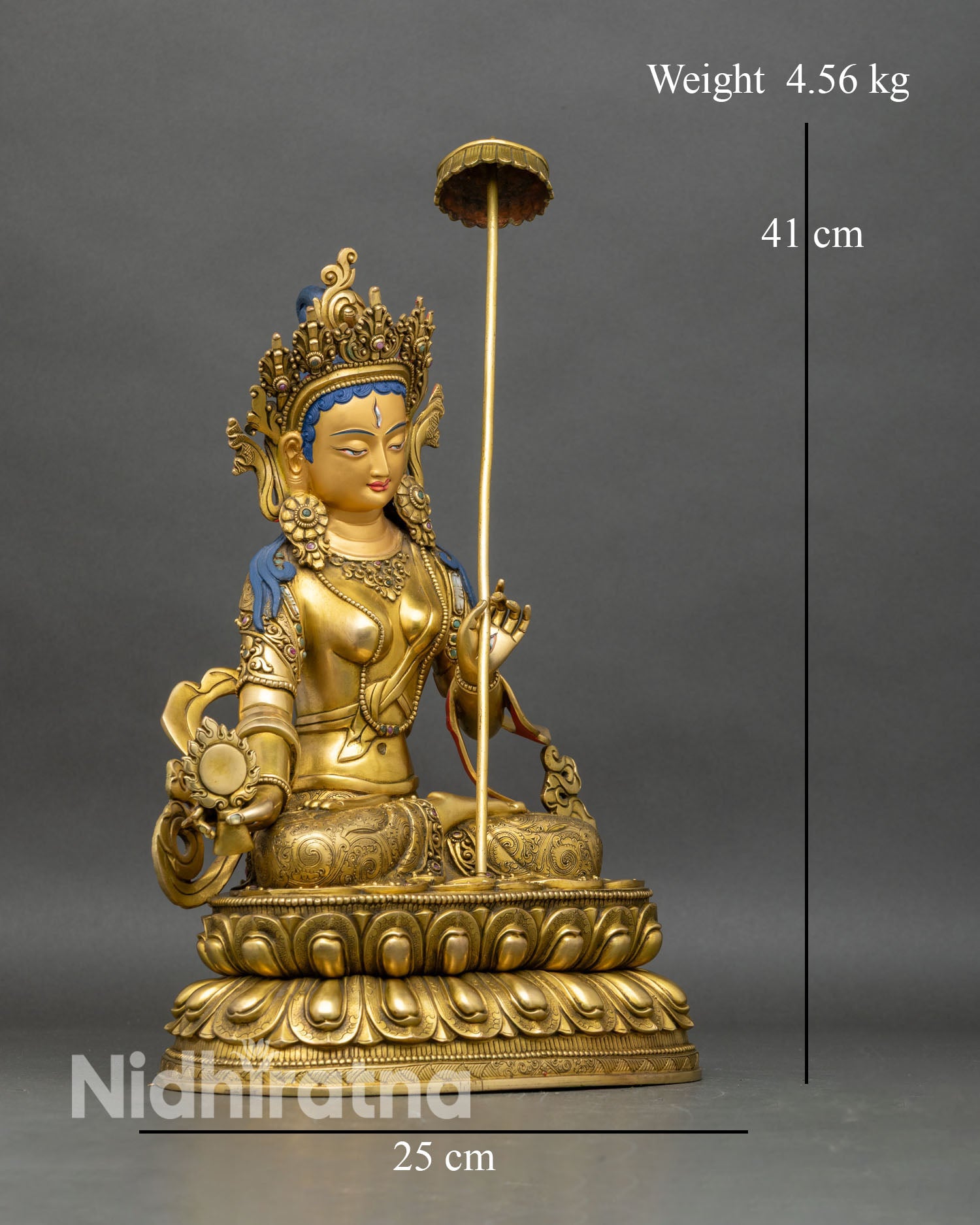 Right view Dukar statue, double lotus base gold gilded copper Nepal
