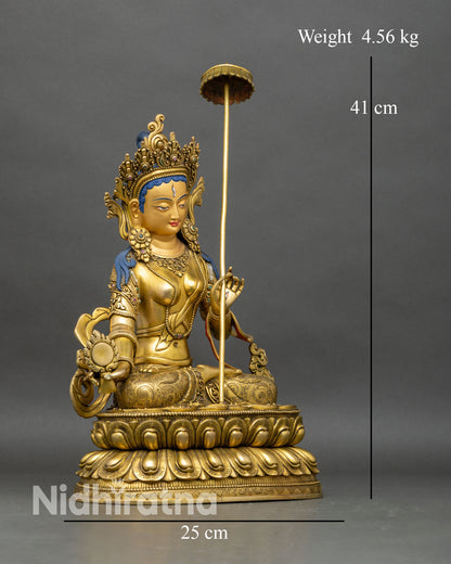 Right view Dukar statue, double lotus base gold gilded copper Nepal