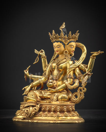 Vasudhara Statue Masterpiece right side view holding rosary, conch shell, and varada mudra