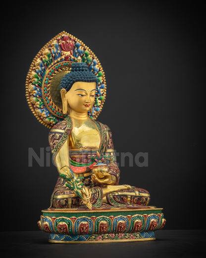 Right side view of Medicine Buddha Statue Copper-Gilded Holding Healing Nectar Stone