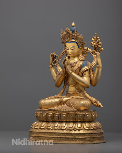 Right angle of Chenrezig highlighting wish-fulfilling gem and five-jeweled crown