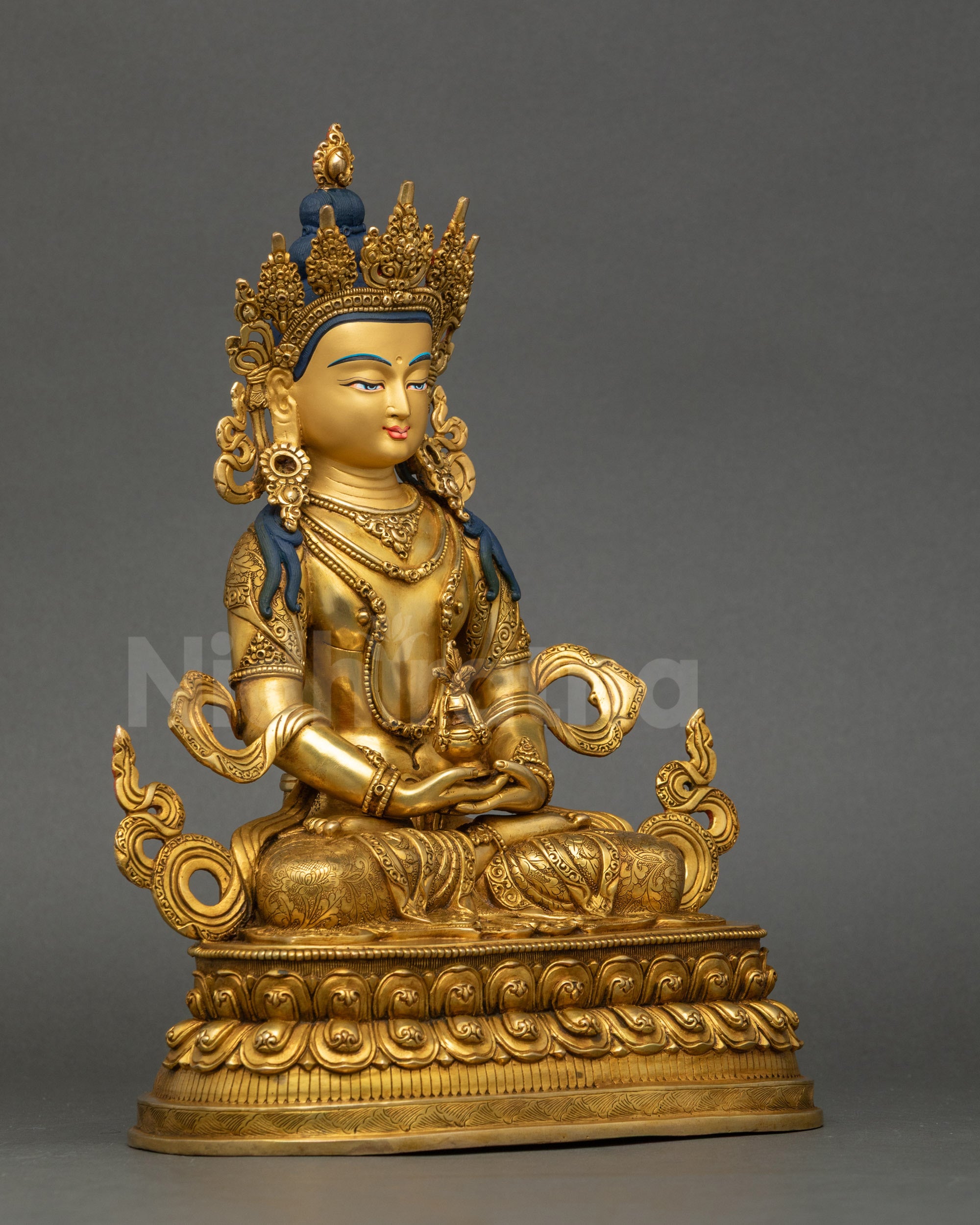 Right profile of Amitayus Buddha, handcrafted Nepalese lost-wax copper art