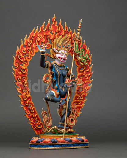 Right profile of Dakini Simha Mukha statue showing lotus seat and halo