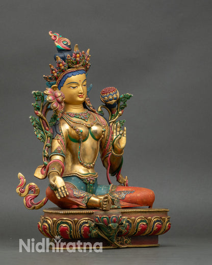 Right profile of Green Tara Meditation statue, handcrafted Nepalese Buddhist art