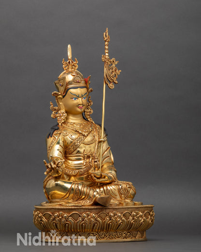 Right profile of Guru Padmasambhava statue, holding vajra and kapala, Nepalese art