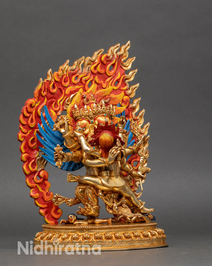 Right profile of Hayagriva statue with sacred implements and lotus seat