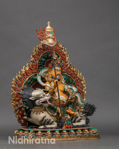 Right profile of Namtoshe statue, solid copper base with hand-painted Buddha guardian