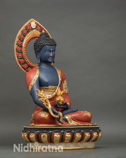 Right profile of Tibetan Medicine Buddha sculpture, handcrafted Nepalese copper artwork