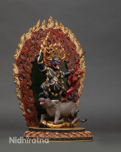 Right profile of Tibetan Yamantaka union statue on buffalo, Nepalese art