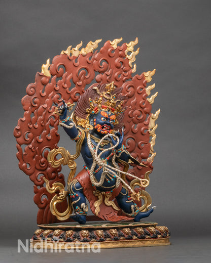 Right profile of Vajrapani statue on lotus base, handcrafted Tibetan Buddhist art
