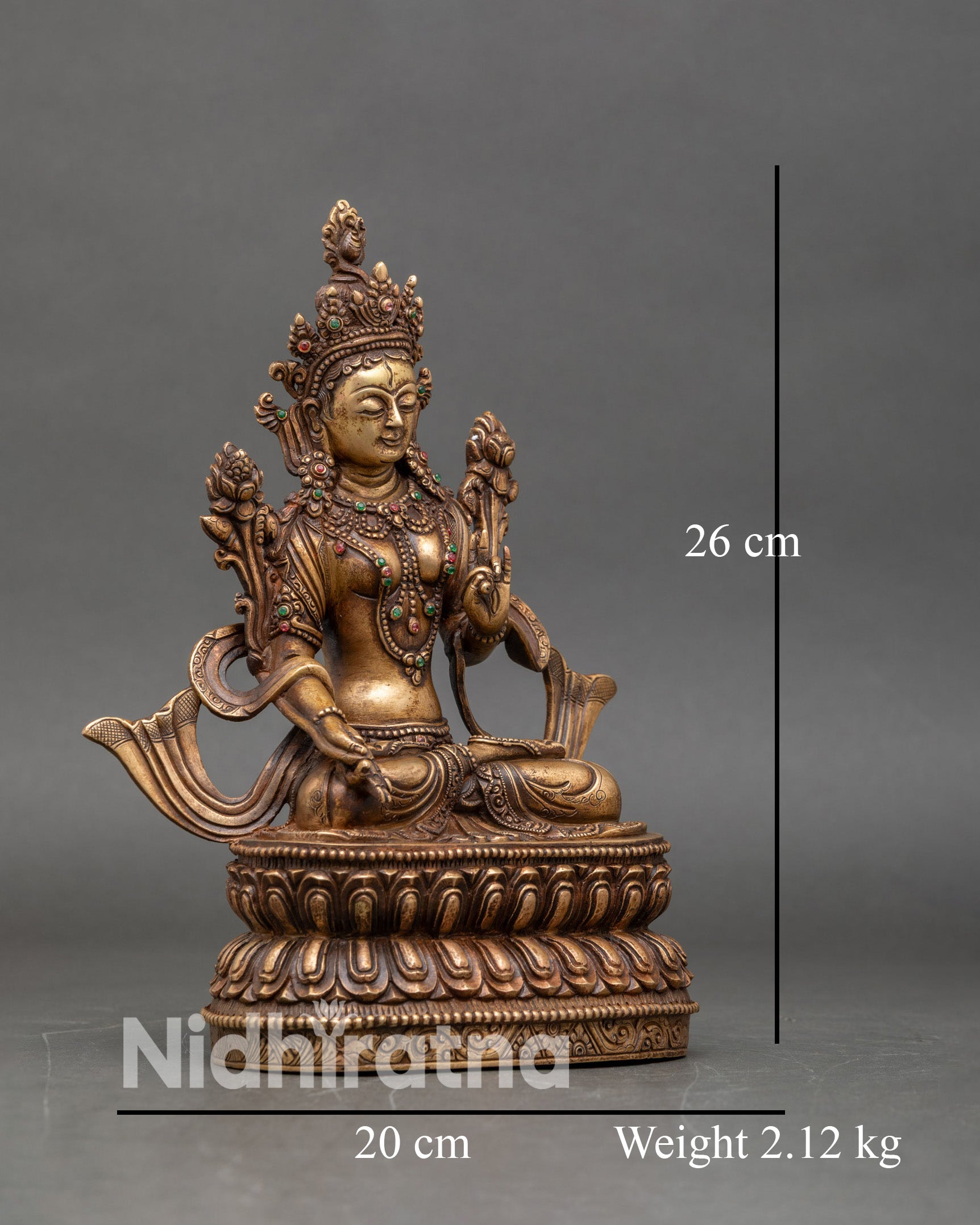 Right-profile of White-Tara statue, seated on double-layered-lotus, copper-and-bronze