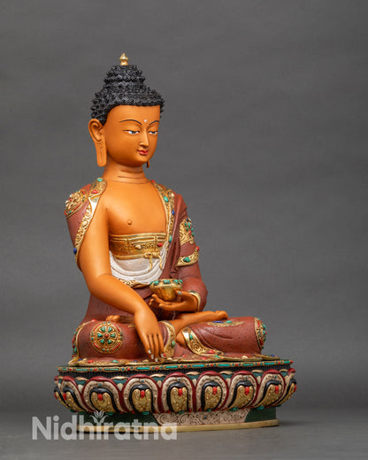 Right profile of Yellow-Hued Shakyamuni Buddha statue, lost-wax copper sculpture