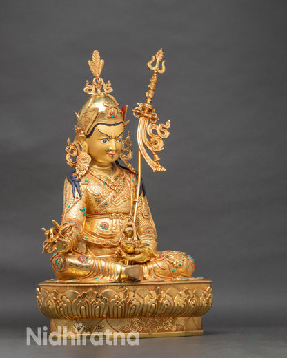 Right profile view of Guru Rinpoche statue, Himalayan Buddhist altar sculpture