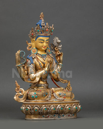 Right side of Avalokiteshvara statue holding lotus and crystal mala