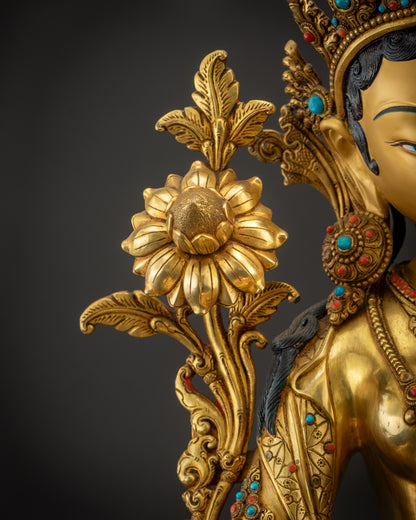 Right side utpala flower White Tara holding lotus flower spiritual Nepalese artwork
