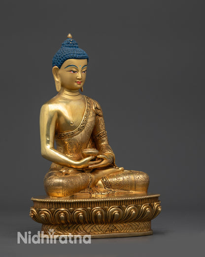 Right side view Amitabha Buddha statue showing carved garments and moon disc