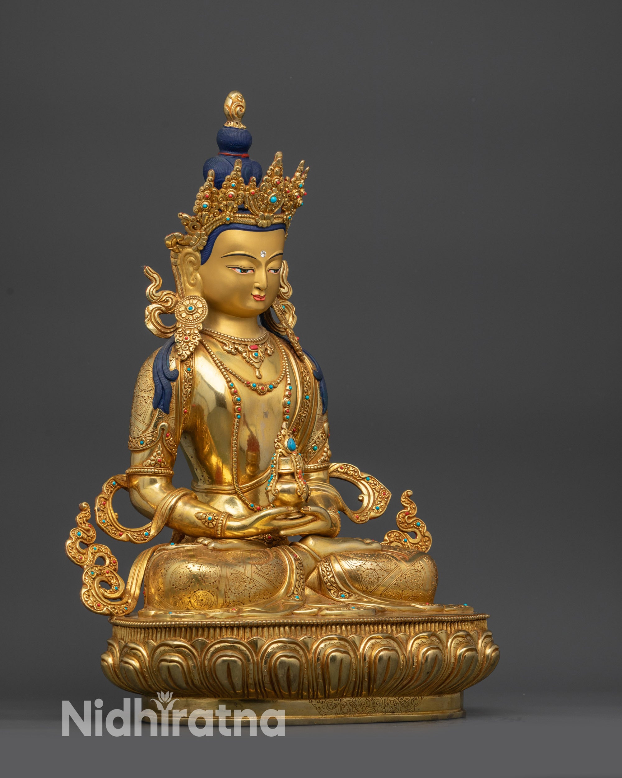Right side view Amitayus statue lotus pedestal elixir vase lost-wax craftsmanship
