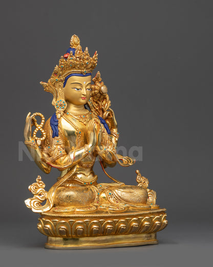 Right side view Chenrezig Buddha Statue on lotus seat with sacred items
