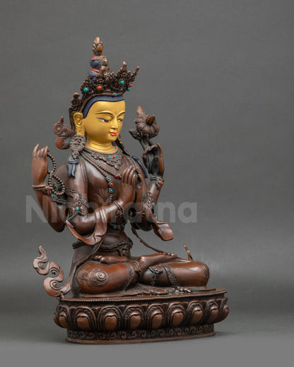 Right side view – Handmade Chenrezig statue showing crystal mala and lotus symbolism