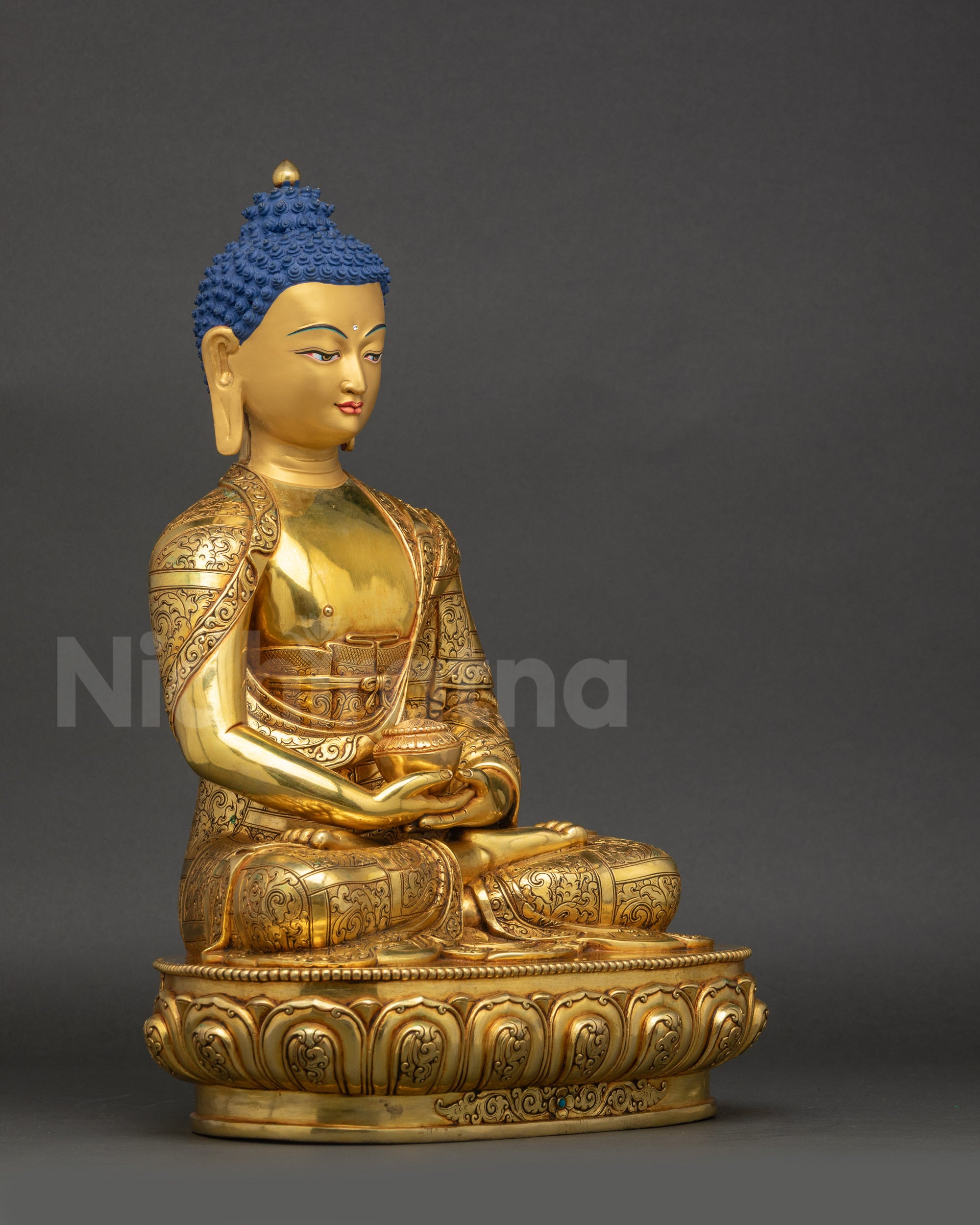 Right side view Premium Amitabha Buddha statue highlighting lotus seat and dhyana mudra bowl