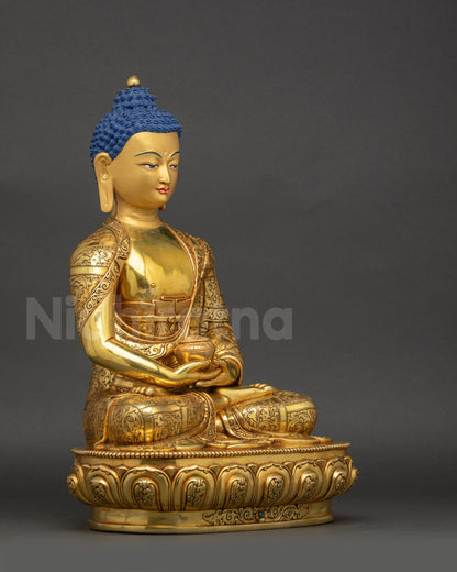 Right side view Premium Amitabha Buddha statue highlighting lotus seat and dhyana mudra bowl
