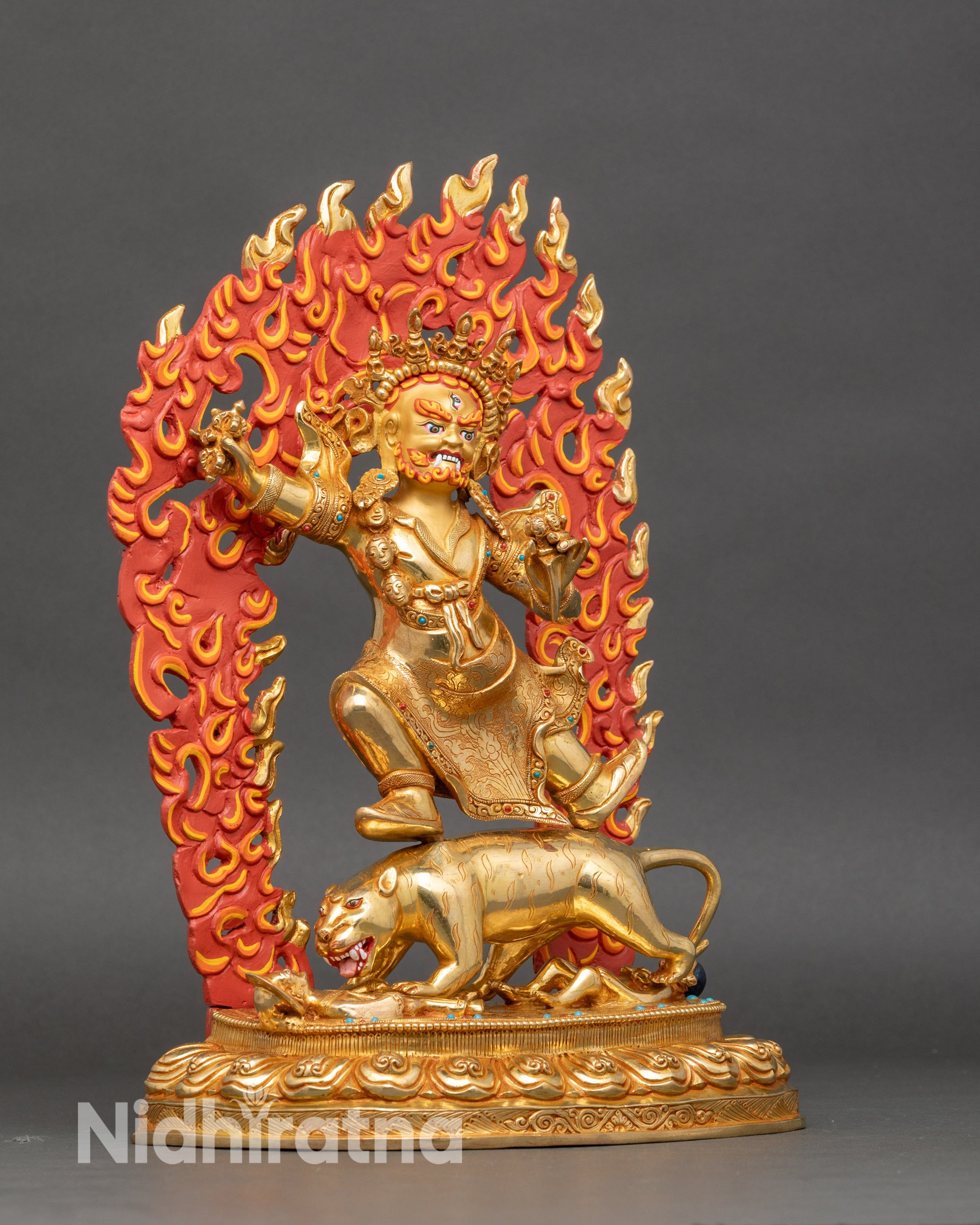 Right side view – Right profile of Dorje Drolo standing on white tigress, hand-painted halo and gold finish