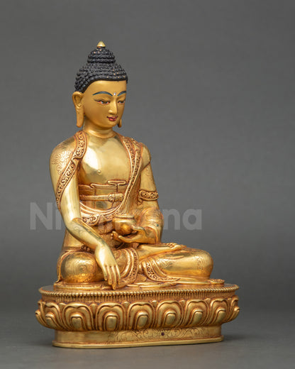 Right side view Shakyamuni Buddha statue holding patra bowl gold-painted face artisan art