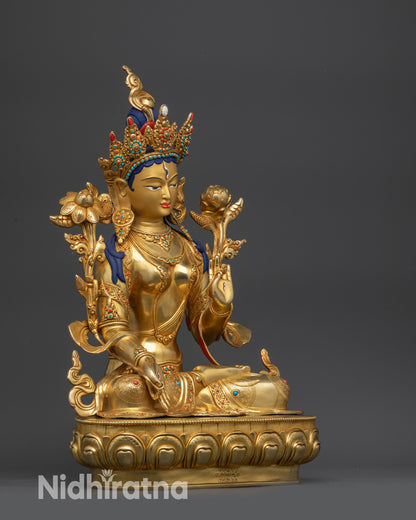 Right side view White Tara Sculpture showing lotus seat and intricate carved patterns