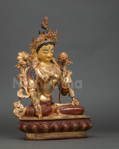 Right side view White Tara statue, Varada and Vitarka mudra, seated on lotus throne, handmade Nepalese