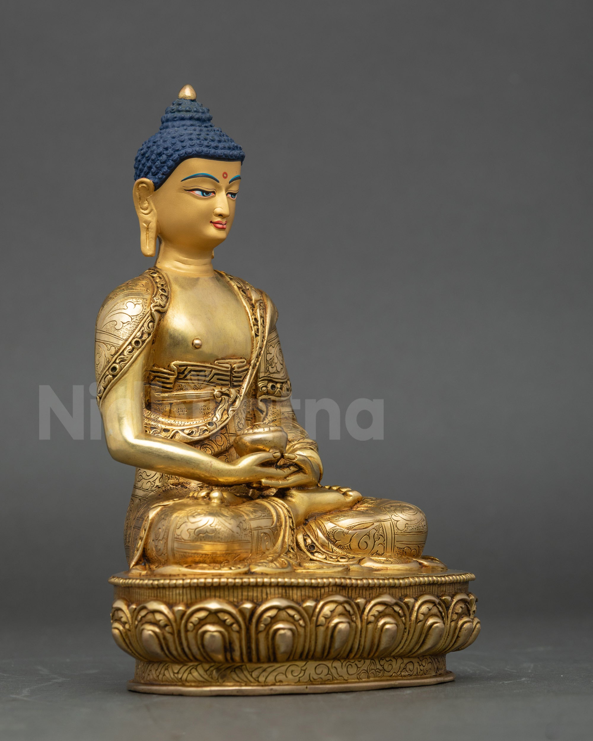 Right side view of Amitabha Buddha Statue highlighting dhyana mudra and floral motifs